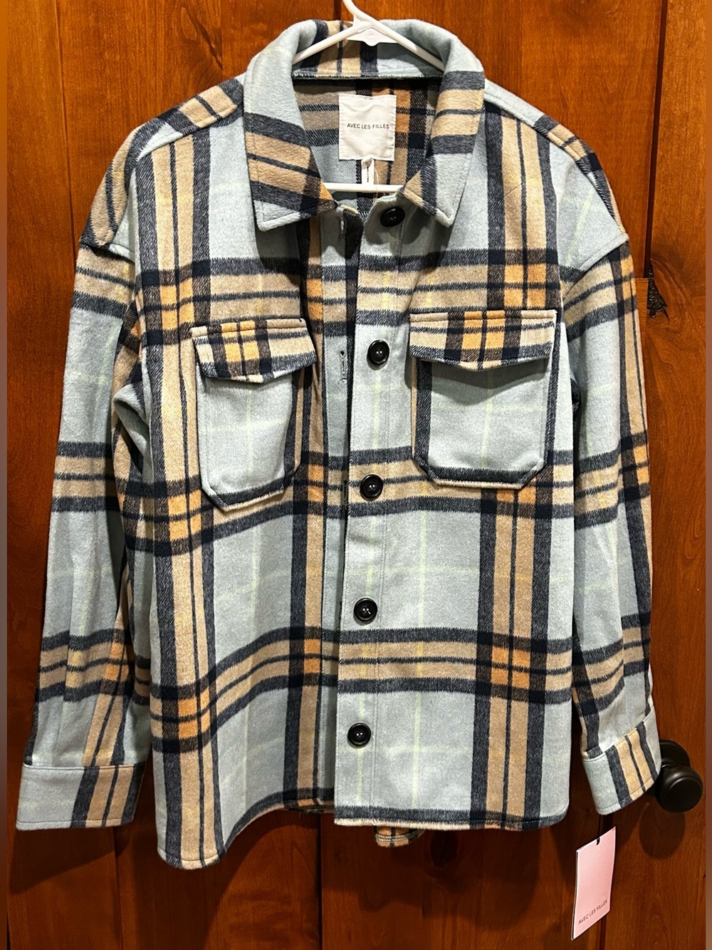 Women’s Wool Blend Plaid Shacket Jacket - Light Blue & Tan